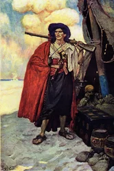 Porträt eines Piraten mit Gewehr. Neben ihm der Schatz und das Zelt auf der verlassenen Insel. Illustration aus „Book of Pirates Buccaneers and Marooners of the Spanish Main“ von Howard Pyle (1853-1911), amerikanischer Illustrator