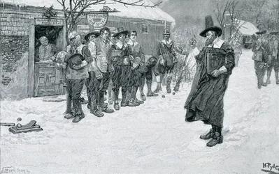 Der puritanische Gouverneur unterbricht die Weihnachtsspiele, graviert von J. Bernstrom, Illustration aus 