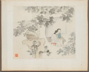 Album von Landschaftsgemälden, die alte Gedichte illustrieren: Zwei Frauen sitzen an einem Tisch..., 1700er Jahre