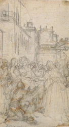 Literarische Illustration mit Gruppe von Figuren, die einen Mann anflehen