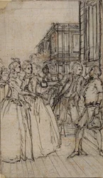 Literarische Illustration mit zwei Damen und zwei Herren auf einer Straße