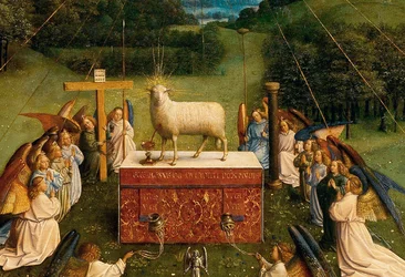 Anbetung des mystischen Lammes, aus dem Genter Altar, Detail der unteren Hälfte des zentralen Panels