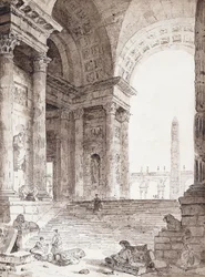 Eine klassische römische Arkade mit Figuren im Vordergrund, 1759