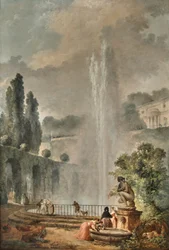 Gartenlandschaft mit einer Villa über einem großen Brunnen