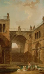 Architekturszene mit Frauen, die Kleidung an einem Pool waschen