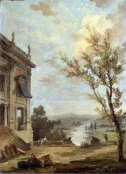 Italienische Landschaft mit dem Kapitolinischen Palazzo Nuovo und vornehmen Leuten auf einer Terrasse, ein Fluss dahinter