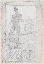 Statue eines Nackten vor einem Fensterblick