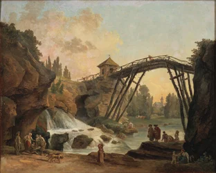 Blick auf die Grotte und die rustikale Brücke im Landschaftsgarten von Méréville