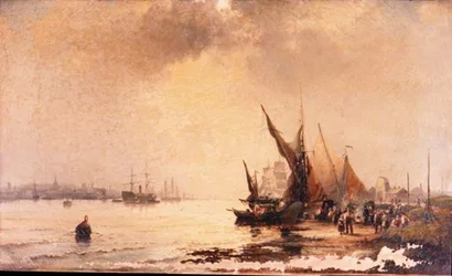 Fischerleute am Ufer in einer ruhigen Mündungsszene bei Tagesanbruch