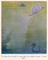 "In diesen unteren Ebenen stießen wir auf die schattenhaften Formen toter Schiffe" Illustration aus Die Reisen des Doktor Dolittle