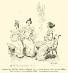 Auf seinem eigenen Ball beleidigte Mr. Bingley zwei oder drei junge Damen, indem er sie nicht zum Tanzen aufforderte, da er völlig von einer anderen in Anspruch genommen war (Gravur)