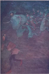 Eintritt Sir Hugh Evans, Anne Page und die anderen, Illustration aus Die lustigen Weiber von Windsor, 1910