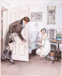 Valentine: "Sie zu sehen, wie sie auf den Knien die kleinen Beine der Couch mit Rüschen schmückt, als wäre es ein Kind". (Lithografie)