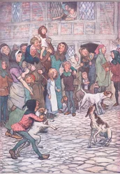 Warum bellen deine Hunde so? Gibt es Bären in der Stadt?, Illustration aus Die lustigen Weiber von Windsor, 1910