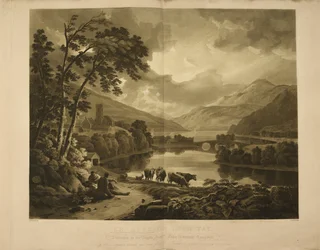Illustration zeigt einen Blick auf Kenmore am Loch Tay in Schottland. Eine See- und Berglandschaft in den Highlands.
