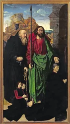 Der Portinari-Altar, die Heiligen Thomas und Antonius der Einsiedler mit Tommaso Portinari und seinen beiden Söhnen Antonio und Pigello, linker Flügel, ca. 1479