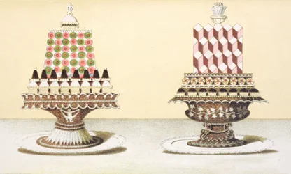 Entwurf für die Präsentation von Desserts, Illustration aus einem ungarischen Kochbuch über die französische Küche, ca. 1880