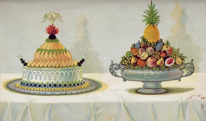 Entwurf für die Präsentation von Poularde mit Mayonnaise und Aspik auf einem Bett aus Butter und Eis und Obst, Illustration aus einem ungarischen Kochbuch über die französische Küche, ca. 1880