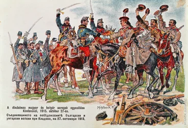 Postkarte, die das Treffen der ungarischen und bulgarischen Armeen am 27. Oktober 1915 bei Kladovo darstellt, 1915