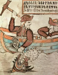 Thor angelt nach der Midgardschlange, aus dem Boot des Riesen Hymir