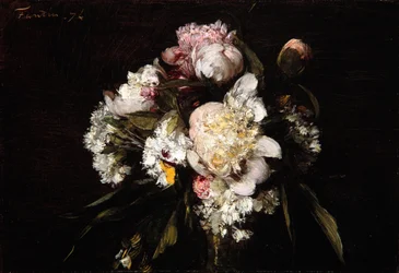 Pfingstrosen, weiße Nelken und Rosen, 1874