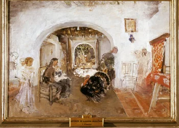 Inneres eines Bauernhofs in Valencia in Spanien. Gemälde von Ignacio Pinazo Camarlench