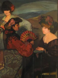 Spanische Frauen und eine englische Frau auf dem Balkon, 1900er