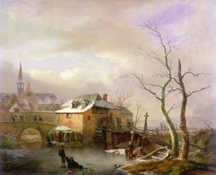 Winterlandschaft mit Bauern auf einem zugefrorenen Mühlenteich bei einem Dorf