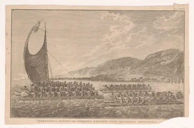 Einwohner von Hawaii und ihr König fahren in Kanus zu James Cook, um ihm Geschenke zu bringen