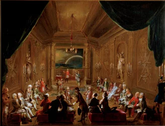 Zusammenkunft der Freimaurerloge Zur gekrönten Hoffnung in Wien im Jahr 1790. Wolfgang Amadeus Mozart (1756-1791) sitzt rechts im Vordergrund. Historisches Museum der Stadt Wien, Wien