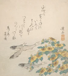 Fische schwimmen mit gelben Blumen, ca. 1830