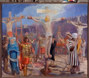 Kalvarienberg. Kreuzigungsszene. An den Seiten Darstellung des guten Schächers, auch heiliger Dismas oder Dysmas, Dimas, Dumas genannt, und des bösen Schächers, Gesmas oder Gestas, zweier mit Jesus Christus gekreuzigter Räuber