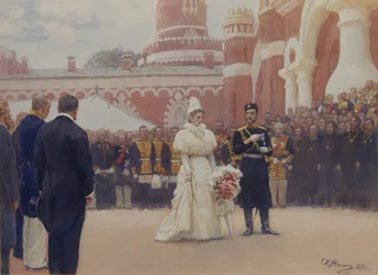 Nikolaus II. empfängt Bezirksälteste am 18. Mai 1896 im Hof des Petrowski-Palastes in Moskau, 1897