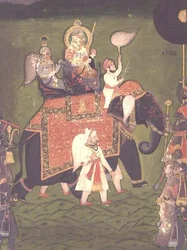 Rana Jawan Singh (1828-38) von Mewar reitet auf einem geschmückten Elefanten, ca. 1835