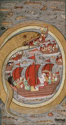 Eine monströse Schlange verschlingt die königliche Flotte, ca. 1670-1690
