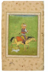 Ein Gemälde von Iraj auf einem Pferd, der mit einem Falken jagt, Indien, Mogulzeit, spätes 16. Jahrhundert