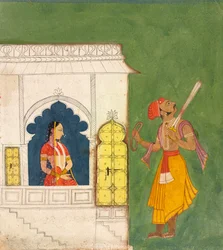 Eine Frau, die einen Krieger betrachtet, ca. 1680