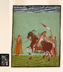Eine Frau zu Pferd mit drei Begleitern, ca. 1735