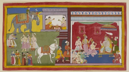 Dasaratha, auf dem Thron im Durbar, erzählt den Brahmanen Vasistha und Vamadeva und seinem Minister Sumantra von seiner Absicht, seinen Thron an Rama als Regenten zu übergeben; links rufen diese drei Rama und Laksmana. Oben beginnen vier Brahmanen.