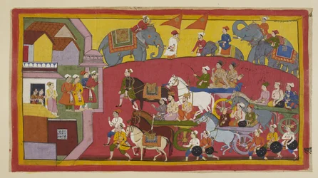 Die Streitwagen von Vasistha und den Prinzen, begleitet von verschiedenen Ministern und Leuten, betreten die Stadt Nandigrama.