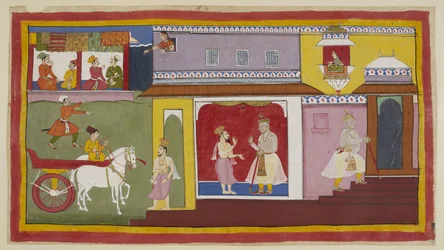Add 15296 (1) f.18r, Vasistha kehrt in den Palast zurück und teilt Dasaratha mit, dass alles für die Zeremonie vorbereitet ist. Dasaratha zieht sich in eine innere Kammer des Palastes zurück. Oben schaut Kaikeyis Dienerin Manthara aus einem oberen Fenster 
