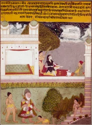 Ein Asket hört Musik auf der Terrasse eines Palastes. Miniatur der indischen Schule (um 1760)