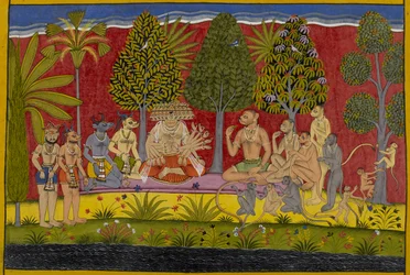 Erstaunt über Balis Stärke bietet Ravana Freundschaft an; sie sitzen zusammen und kauen Paan