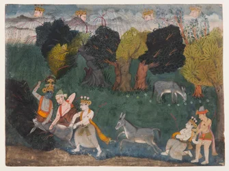 Balarama tötet den Esel-Dämon, Seite aus einer verstreuten Bhagavata Purana Serie, ca. 1725