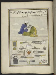Barbier, 86 Zeichnungen in einem Band, der Berufe und Tätigkeiten in Kaschmir darstellt, Handwerker bei der Arbeit mit ihren Werkzeugen und Geräten, von einem Kaschmir-Künstler, wahrscheinlich in Srinagar, um 1850-60