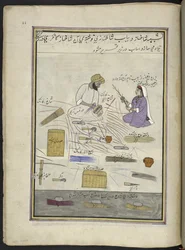 Korbmacher und seine Frau, 86 Zeichnungen in einem Band, der Berufe und Tätigkeiten in Kaschmir darstellt, Handwerker bei der Arbeit mit ihren Werkzeugen und Ausrüstungen, von einem Kaschmir-Künstler, wahrscheinlich in Srinagar, ca. 1850-60