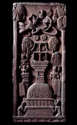 Buddhismus: "Mahaparinirvana oder Parinirvana, Ende der irdischen Existenz des Buddha und Erreichen des Nirwana" (Parinirvana, das endgültige Nirwana, das mit dem Tod des Körpers des Buddha eintritt). Detail des Stupas von Bharhut (Barhut, Barouth).