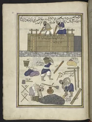 Erbauer von Lehmmauern, 86 Zeichnungen in einem Band, der Berufe und Tätigkeiten in Kaschmir darstellt, Handwerker werden bei der Arbeit mit ihren Werkzeugen und Ausrüstungen gezeigt, von einem Kaschmir-Künstler, wahrscheinlich in Srinagar, ca. 1850-60