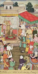 Akbar (r.1556-1605) empfängt Geschenke von den Botschaftern von Badakhshan, aus dem Akbarnama, c.1605