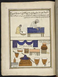 Stoffdrucker mit Handblock und Färber, 86 Zeichnungen in einem Band, die Berufe und Tätigkeiten in Kaschmir darstellen, Handwerker bei der Arbeit mit ihren Werkzeugen und Geräten, von einem Kaschmir-Künstler, wahrscheinlich in Srinagar, ca. 1850-60